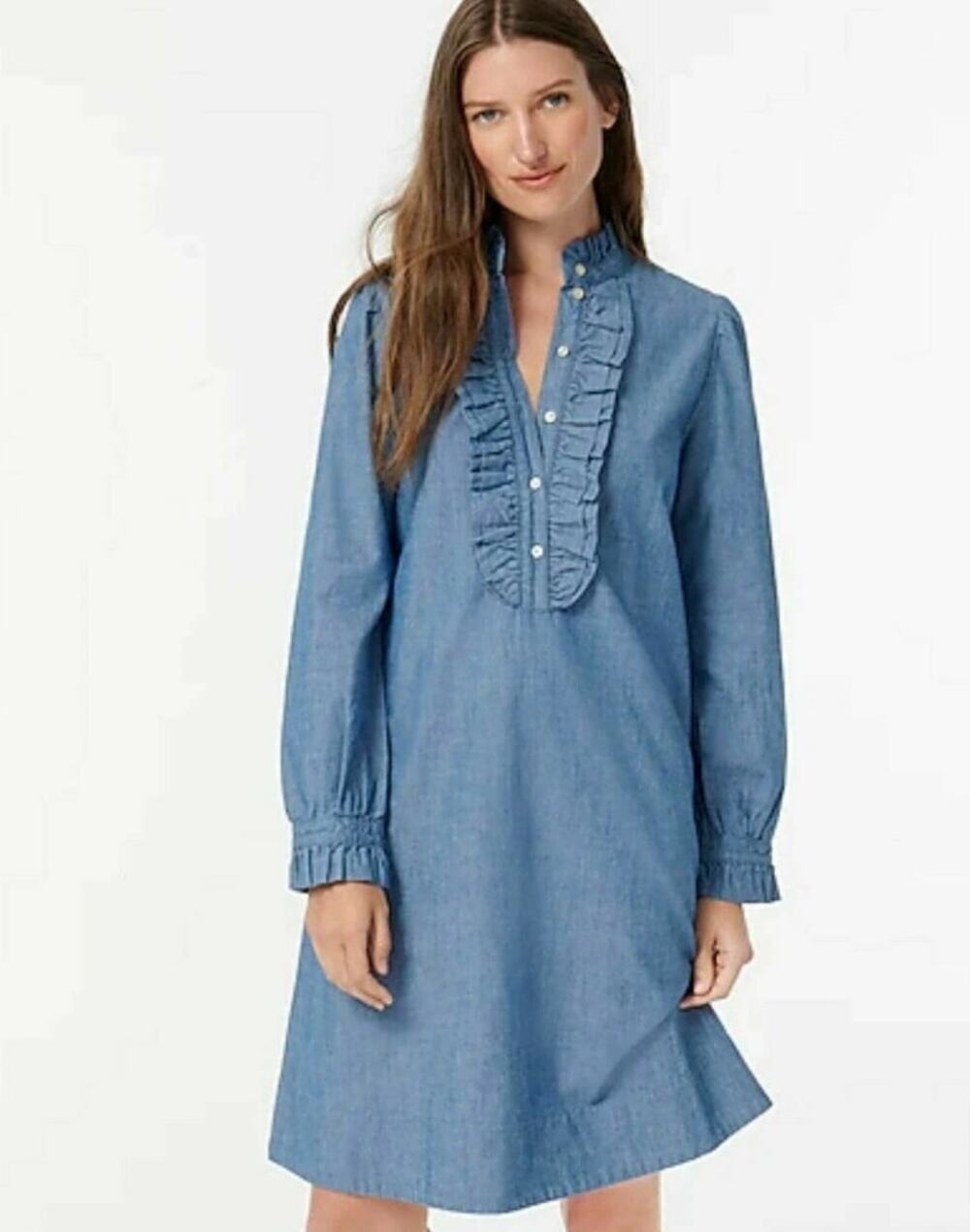 NWT J Crew Ruffle-Front Chambray Dress AY166 Blue Sizes Small